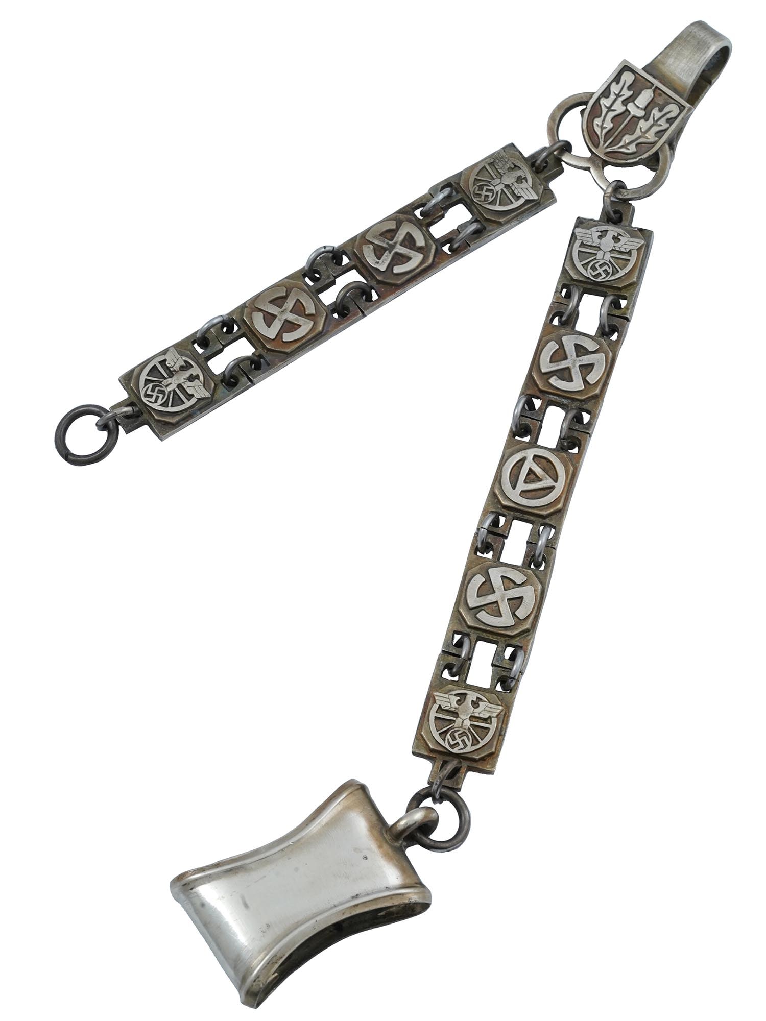 GERMAN WWII TYPE HANGERS FOR THE NSKK DAGGER: A WWII Nazi German Third Reich NSKK, or National Socialist Motor Corps, dagger hanger. The hanger is made in a link design. Each link is engraved with the runic symbols and the NSKK eagle swastika ins