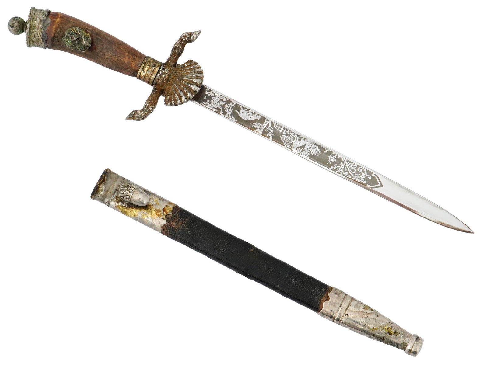 WWII GERMAN NATIONAL HUNTING ASSOCIATION MINIATURE DAGGER: A WWII Nazi German National Hunting Association miniature dagger. The grip is made of natural materials, presumably stag horn. The guard and pommel are made of bronze. The rain guard is modeled as a s