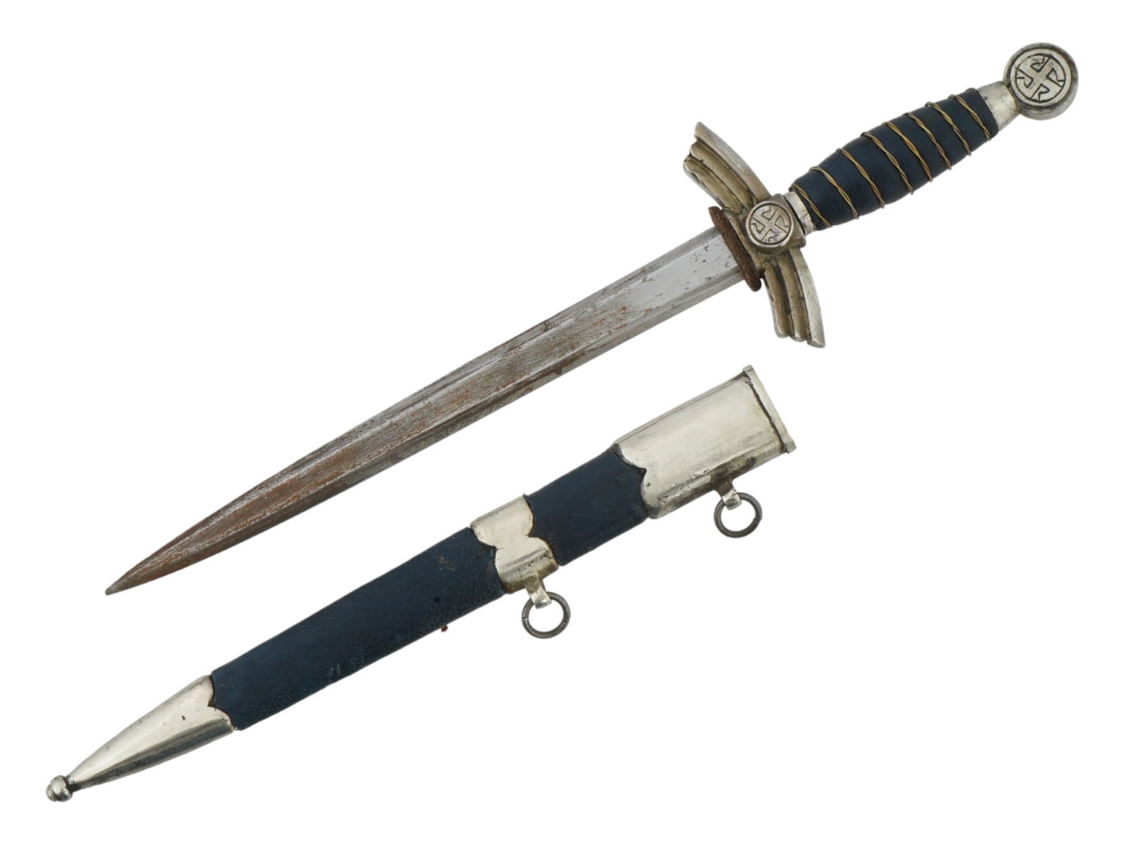 GERMAN WWII TYPE MINIATURE LUFTWAFFE OFFICERS DAGGER: A World War II model Nazi German Luftwaffe officers dagger or miniature sword. Stainless steel straight double-edged blade. Twisted blue leather grip with a swastika finial and wing-shaped crossguard.
