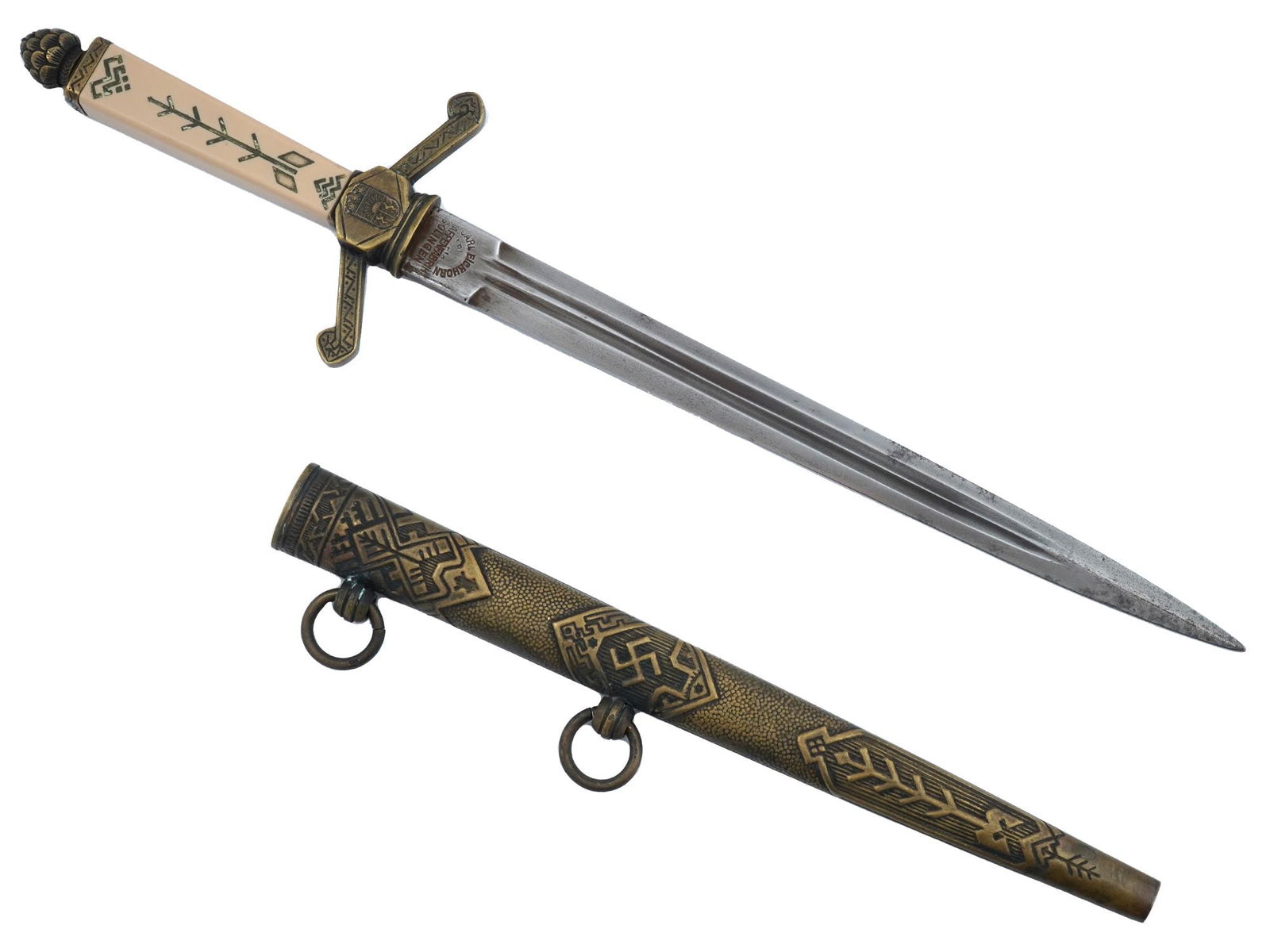 LATVIAN WWII TYPE NAZI OFFICERS DAGGER: A World War II model Latvian Legion officers dagger. Straight double-edged blade, marked Carl Eickhorn Waffenfabrik Solingen on the ricasso. Bakelite grip, gilt brass crosspiece and finial with decora