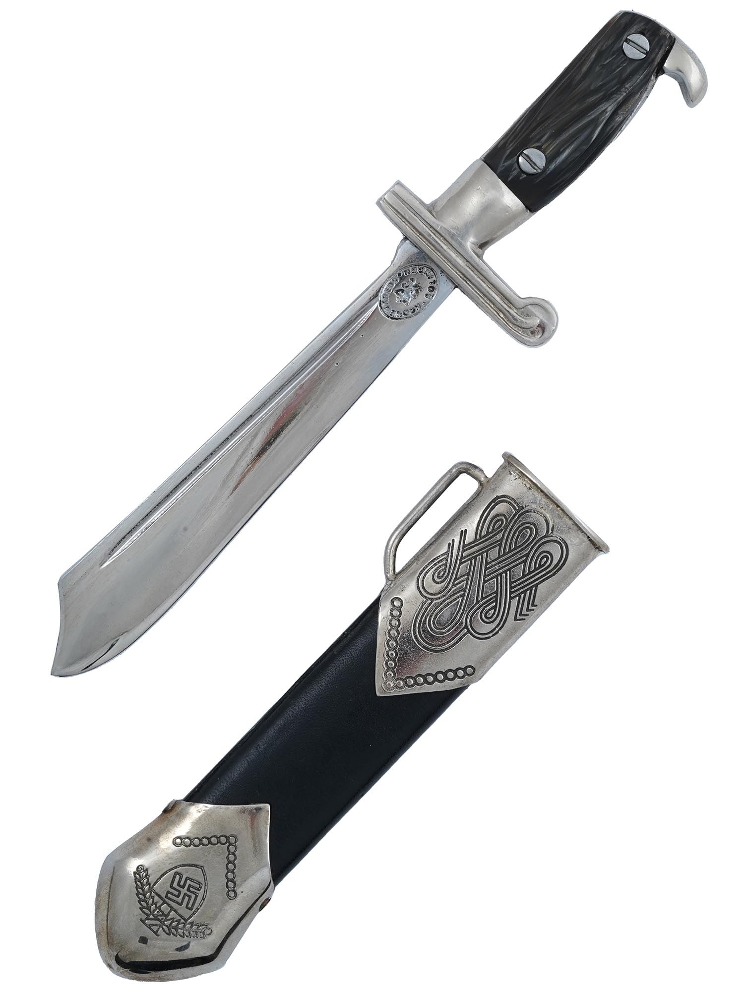 GERMAN WWII MODEL RAD LABOR FRONT MINIATURE DAGGER: A miniature World War II Nazi German stainless steel dagger with a matching black leather scabbard. The dagger has a hardwood grip. The blade is decorated with an acid etched inscription Arbeit adelt,