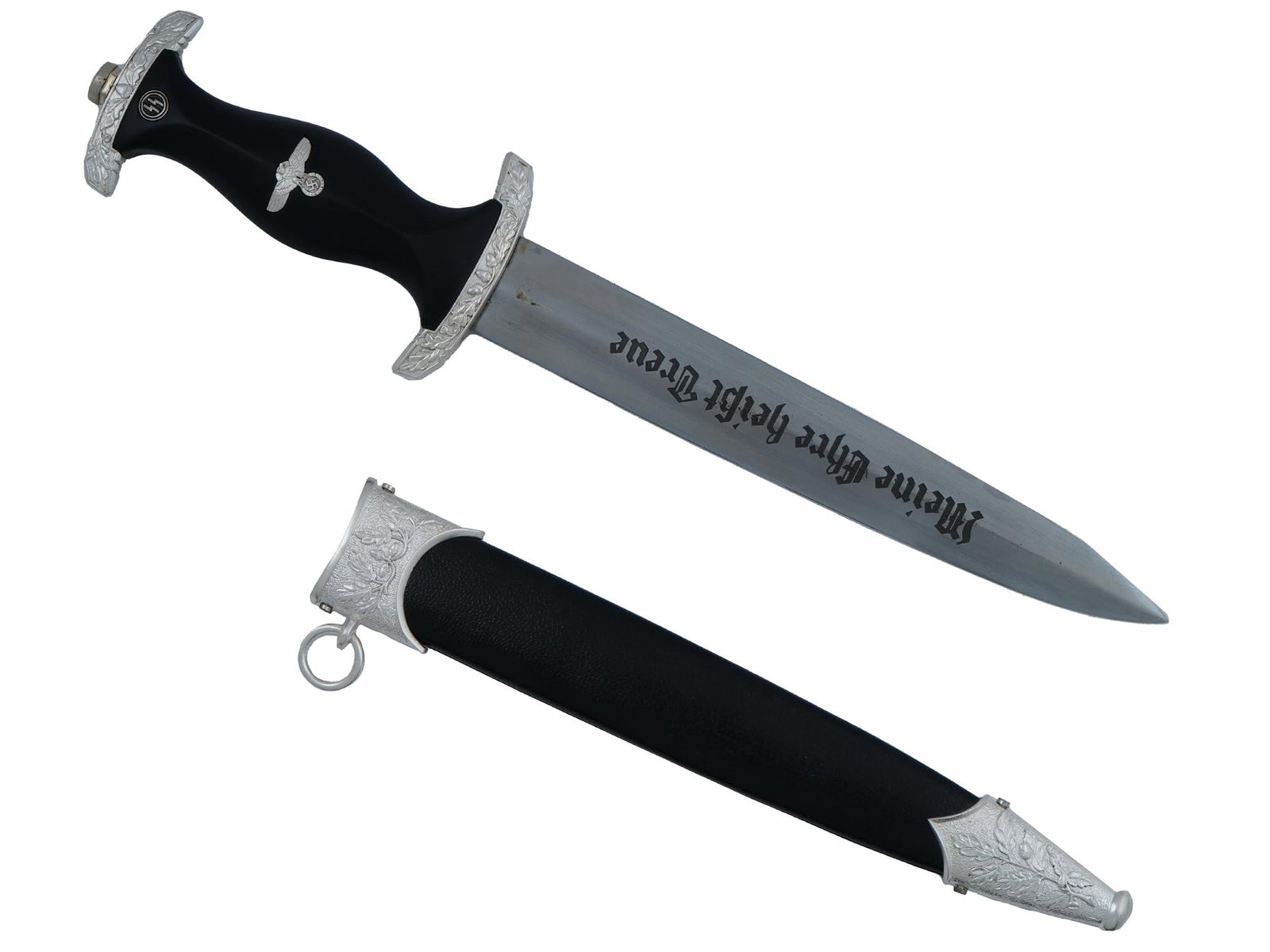 GERMAN WWII TYPE SS HONOR DAGGER BY EICKHORN SOLINGEN: A World War II Nazi German era model SS Ehrendolch, or honor dagger. The stainless steel blade is garnished with etching, the motto Meine Ehre Heisst Treue, Loyalty is My Honour, on the recto side, in