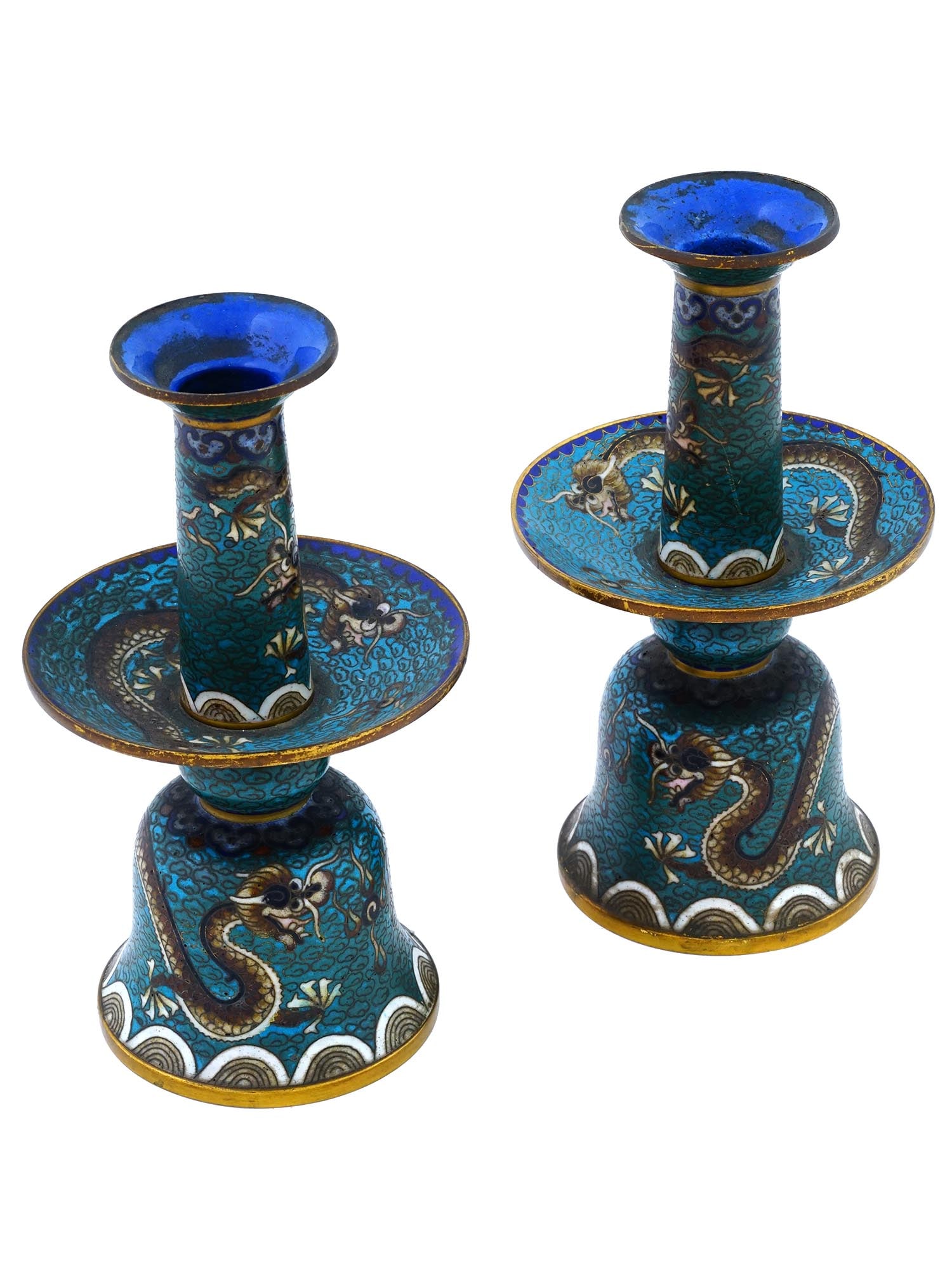 ANTIQUE CHINESE QING CLOISONNE ENAMEL CANDLE HOLDERS (1 of 5)