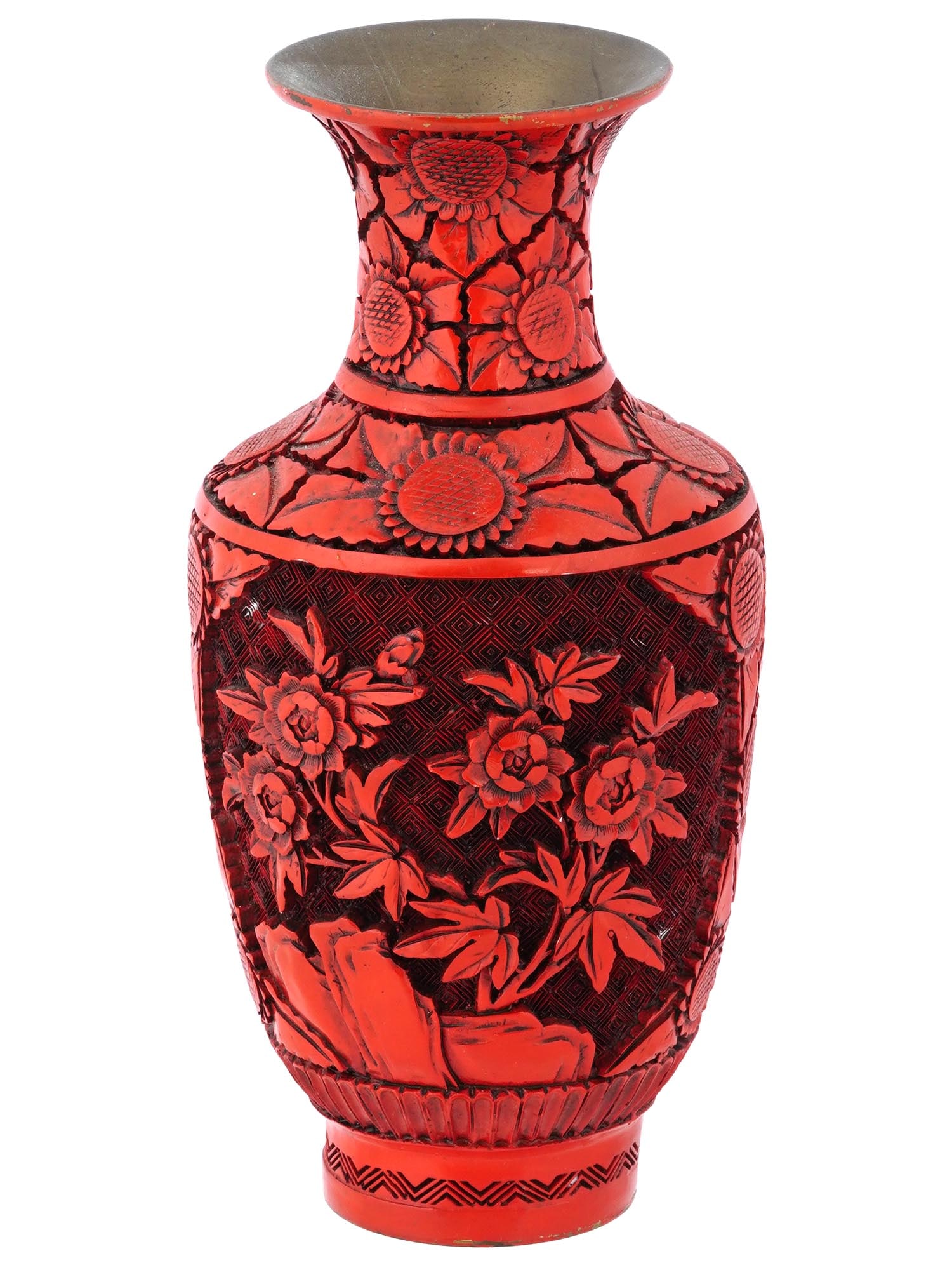 VINTAGE CHINESE CINNABAR LACQUER FLORAL MOTIF VASE (1 of 7)