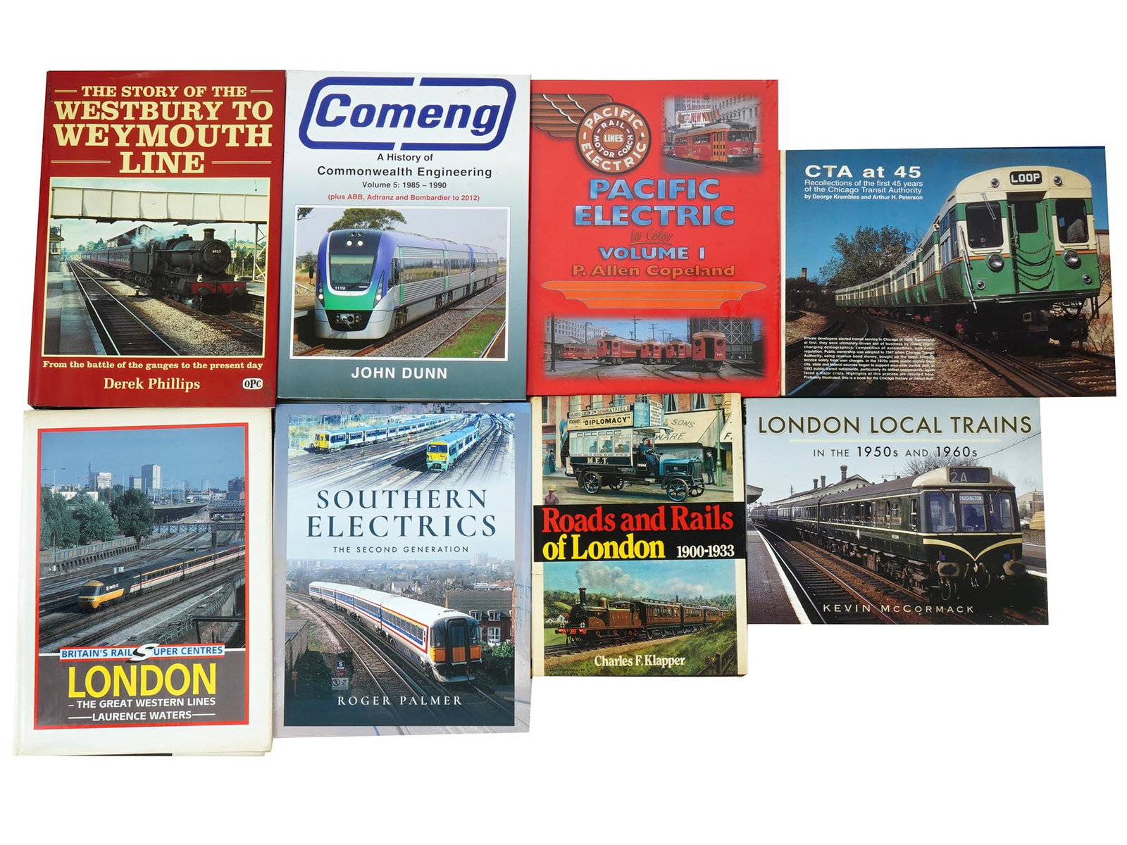 VINTAGE BOOKS ABOUT BRITISH AND AMERICAN RAILWAYS: A lot of vintage books dedicated to English and American railway history and trains. A total of 8 items. The Story of the Westbury to Weymouth Line by Derek Phillips, 1994. Comeng, A History of Common