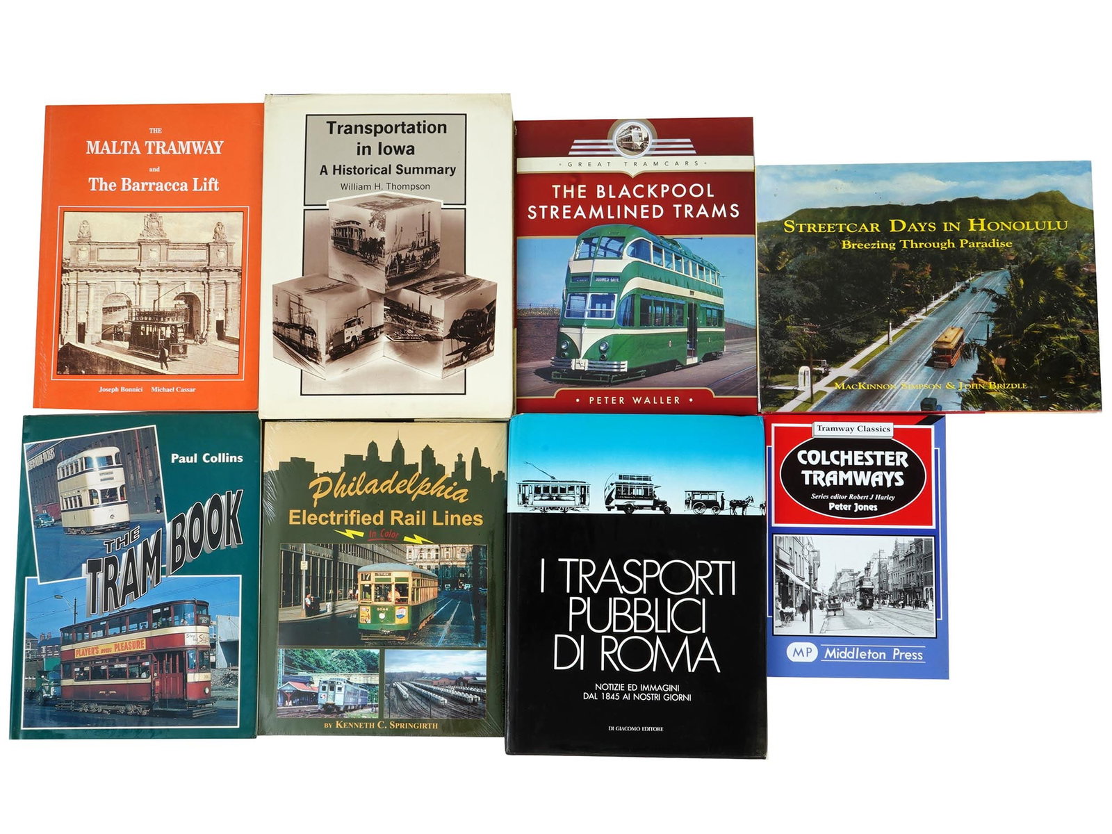 VINTAGE BOOKS ABOUT EUROPEAN AND AMERICAN TRAMWAYS: A lot of vintage books dedicated to the history of public transportation. A total of 8 items. The Malta Tramway and The Barracca Lift by Joseph Bonnici and Michael Cassar, 1991. Transportation in Iowa