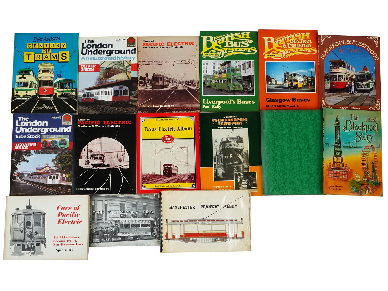 LOT OF ENGLISH RAILWAY TRANSPORT BOOKS AND ALBUMS: A collection of fifteen English British books and albums about transport. The collection includes Blackpools Century of Trams; Lines of Pacific Electric Southern and Western Districts; The London Unde