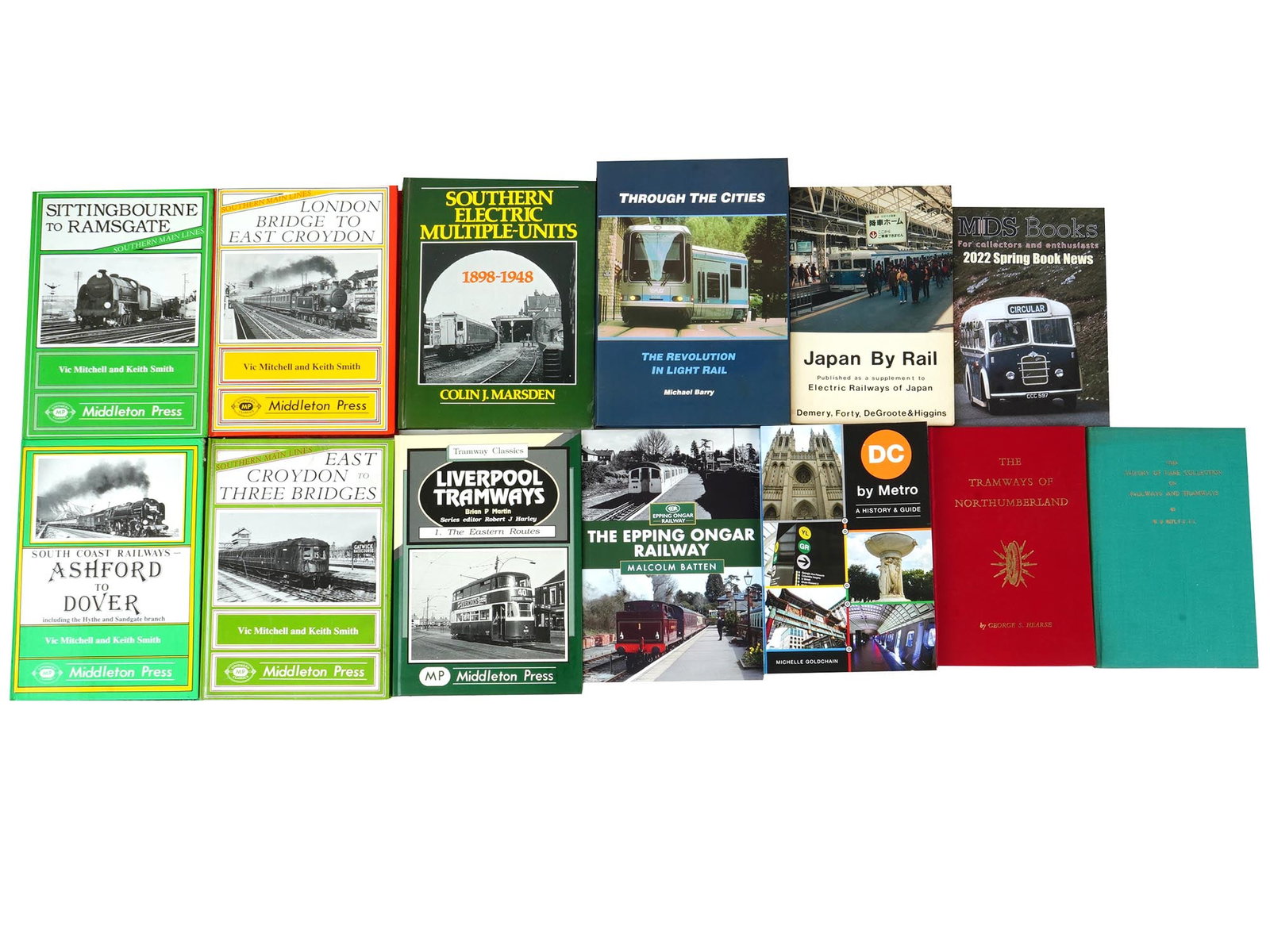 LOT ASIAN EUROPEAN ENGLISH RAILWAYS TRANSPORT BOOKS: A collection of thirteen European, English and Asian books about transport. The collection includes a group of Middleton Press issues by Vic Mitchell and Keith Smith including Sittingbourne to Ramsgat