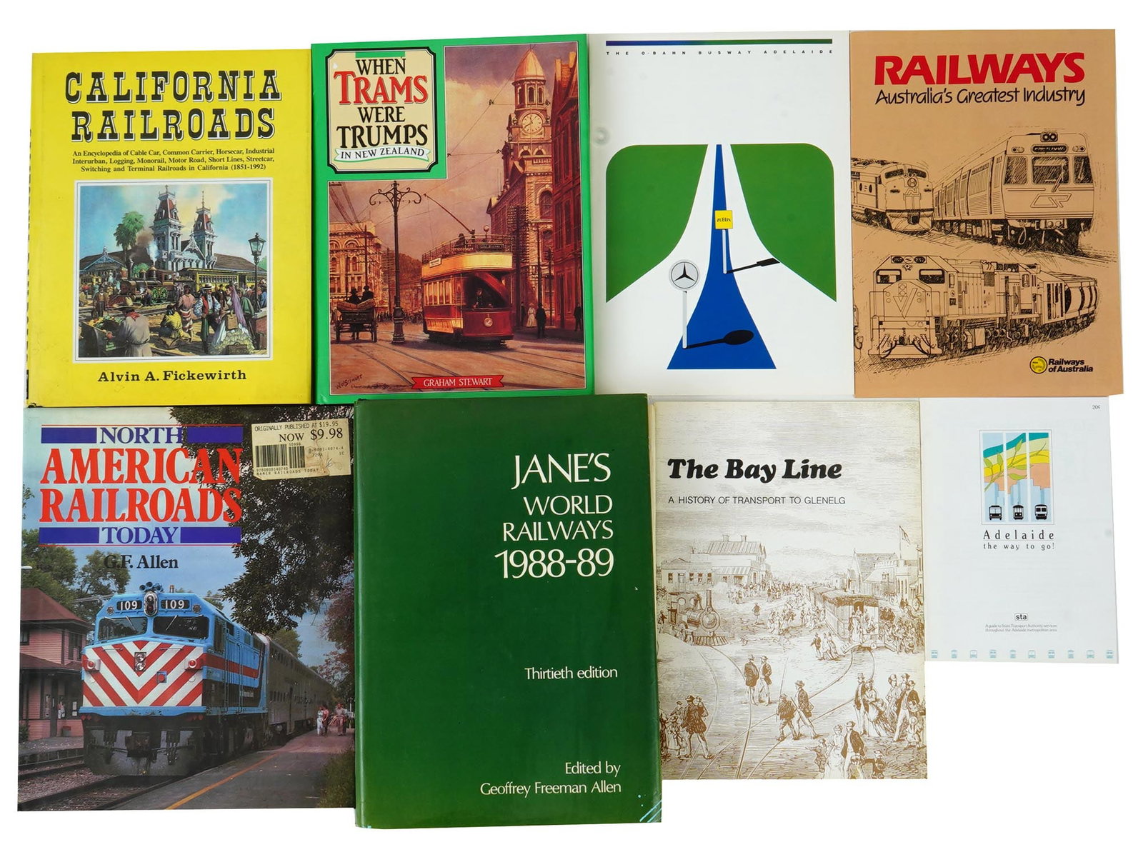 8 BOOKS AND MAGAZINES URBAN PUBLIC TRANSPORT: A large collection of 8 books and magazines dedicated to urban public transport. California Railroads by Alvin A. Fickewirth. When Trams Were Trumps in New Zealand by Graham Stewart. Railways, Austral