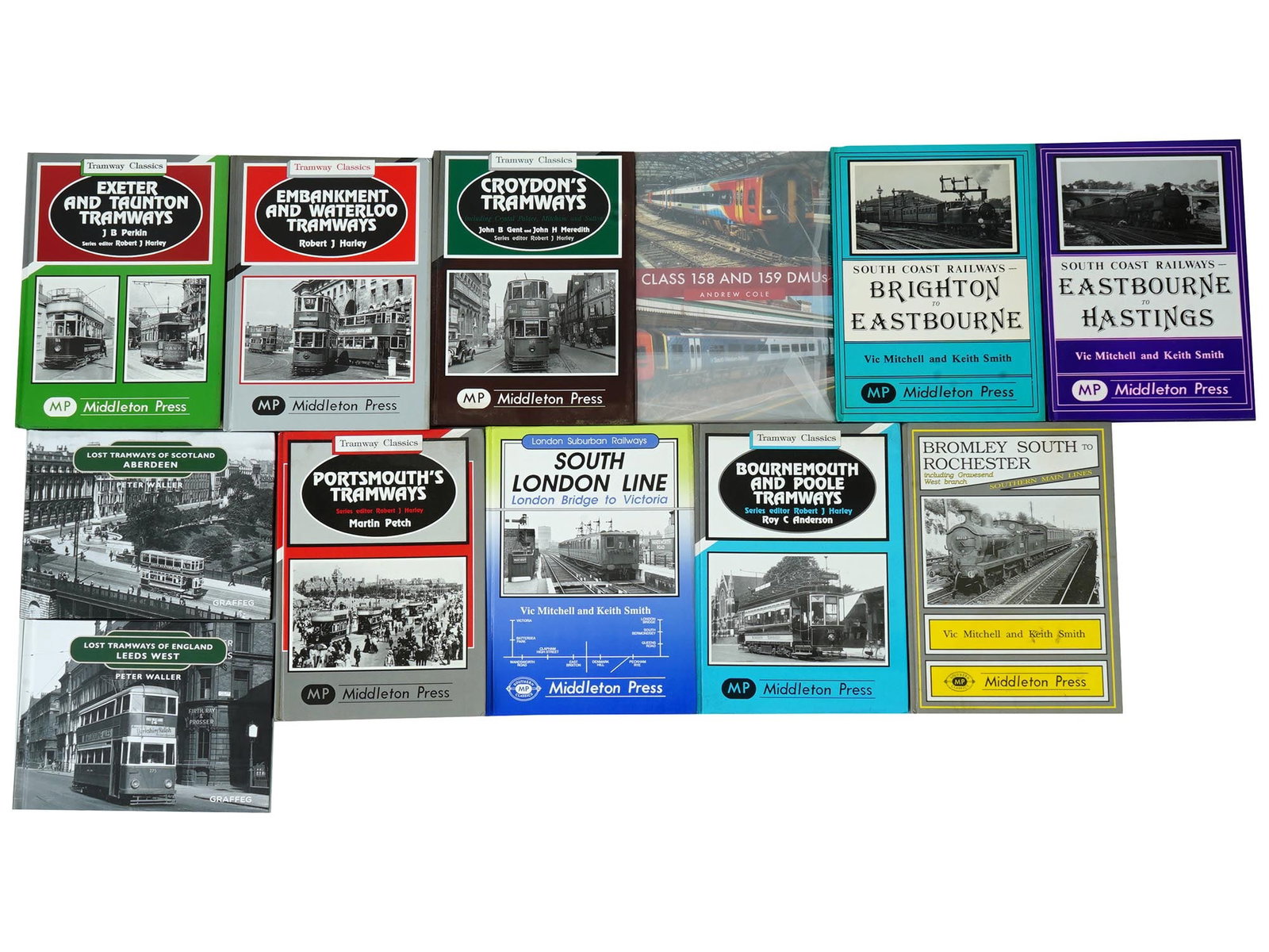 LOT ENGLISH BUSES RAILWAYS TRANSPORT BOOKS ALBUMS: A collection of twelve English Middleton Press books and albums about transport. The collection includes South London Line, Croydon Tramways, Bromley South Rochester, Embankment and Waterloo Tramways;