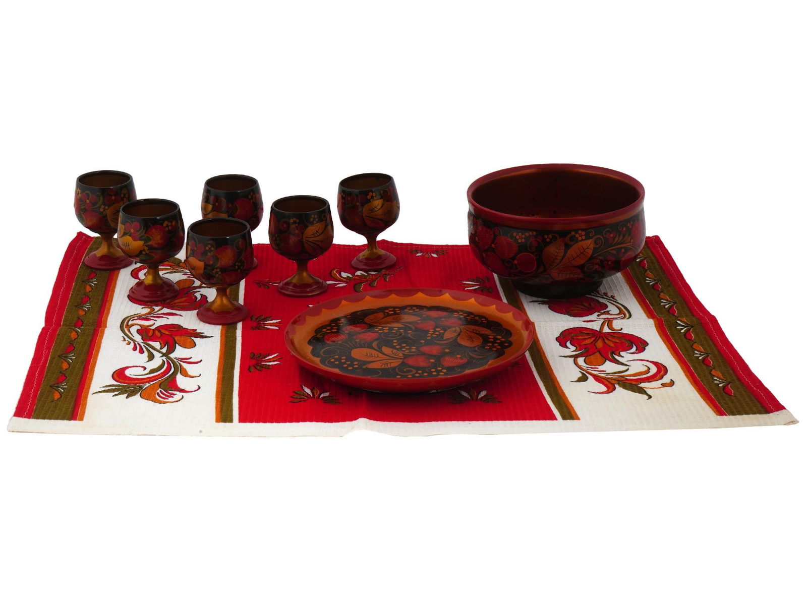 RUSSIAN HAND PAINTED WOODEN KHOKHLOMA TABLEWARE SET (1 of 10)
