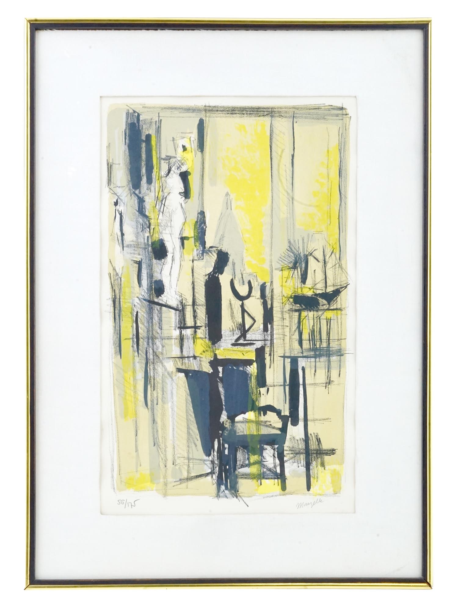 FRENCH ABSTRACT COLOR LITHOGRAPH BY JEAN MARZELLE: Color lithograph on paper by Jean Marzelle, 1916 to 2005, a French Modernist painter. The artwork depicts a view of the artists studio. Signed by the artist in the lower right. Numbered 56 out of 175