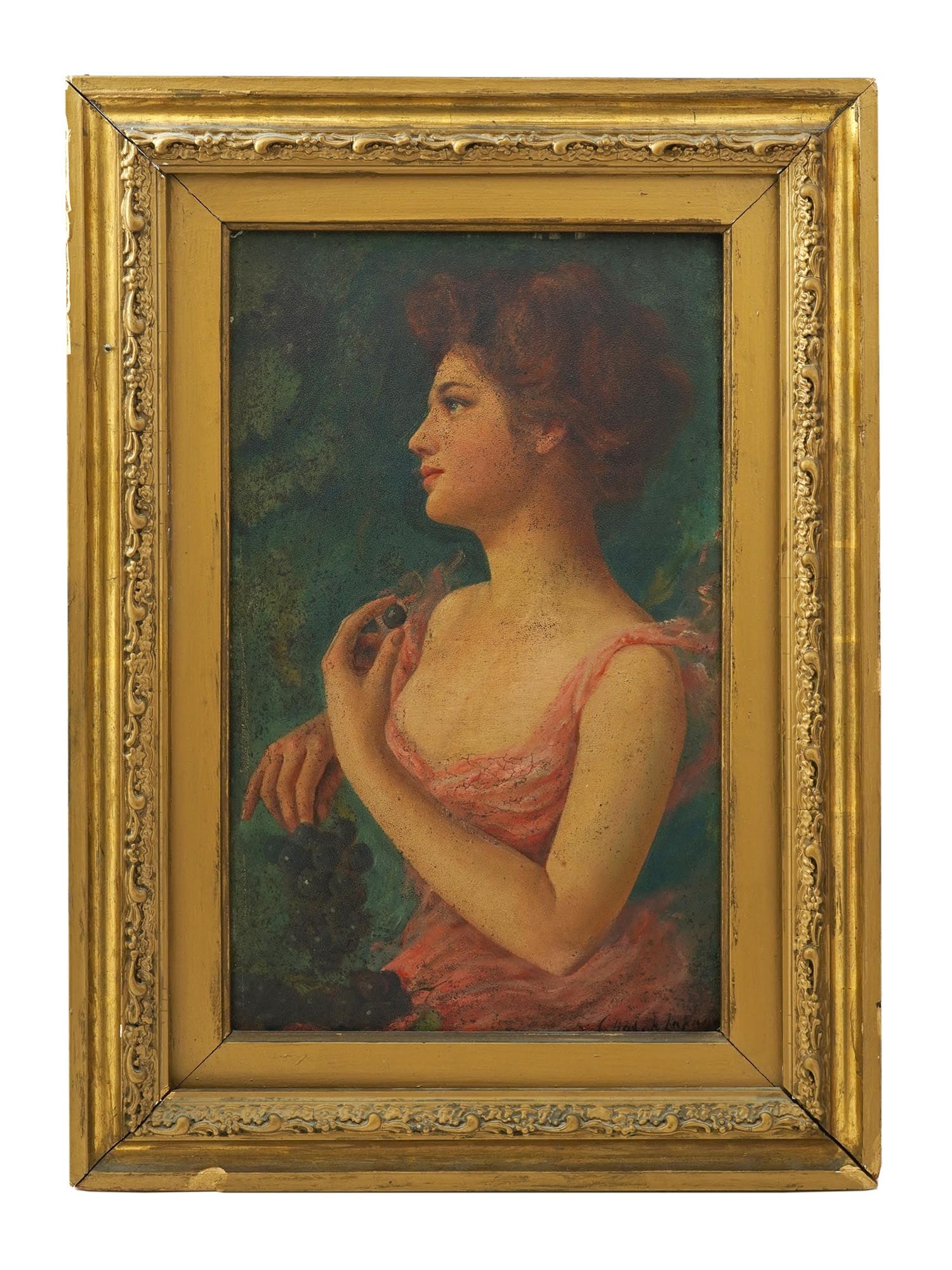ANTIQUE 19TH C PORTRAIT GIRL WITH GRAPE PAINTING (1 of 5)