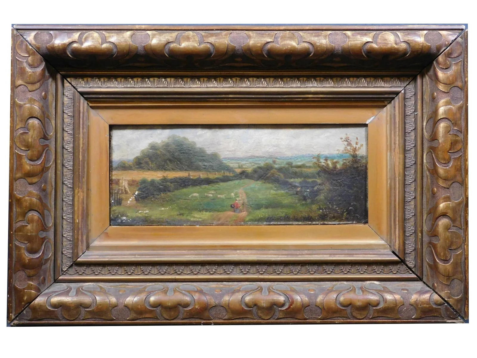 ATTR TO JOHN CONSTABLE ENGLISH LANDSCAPE PAINTING: Oil on paper painting, attributed to John Constable, 1776 to 1873, an English academic artist known for revolutionizing the genre of landscape painting in the Romantic tradition. The artwork is a land