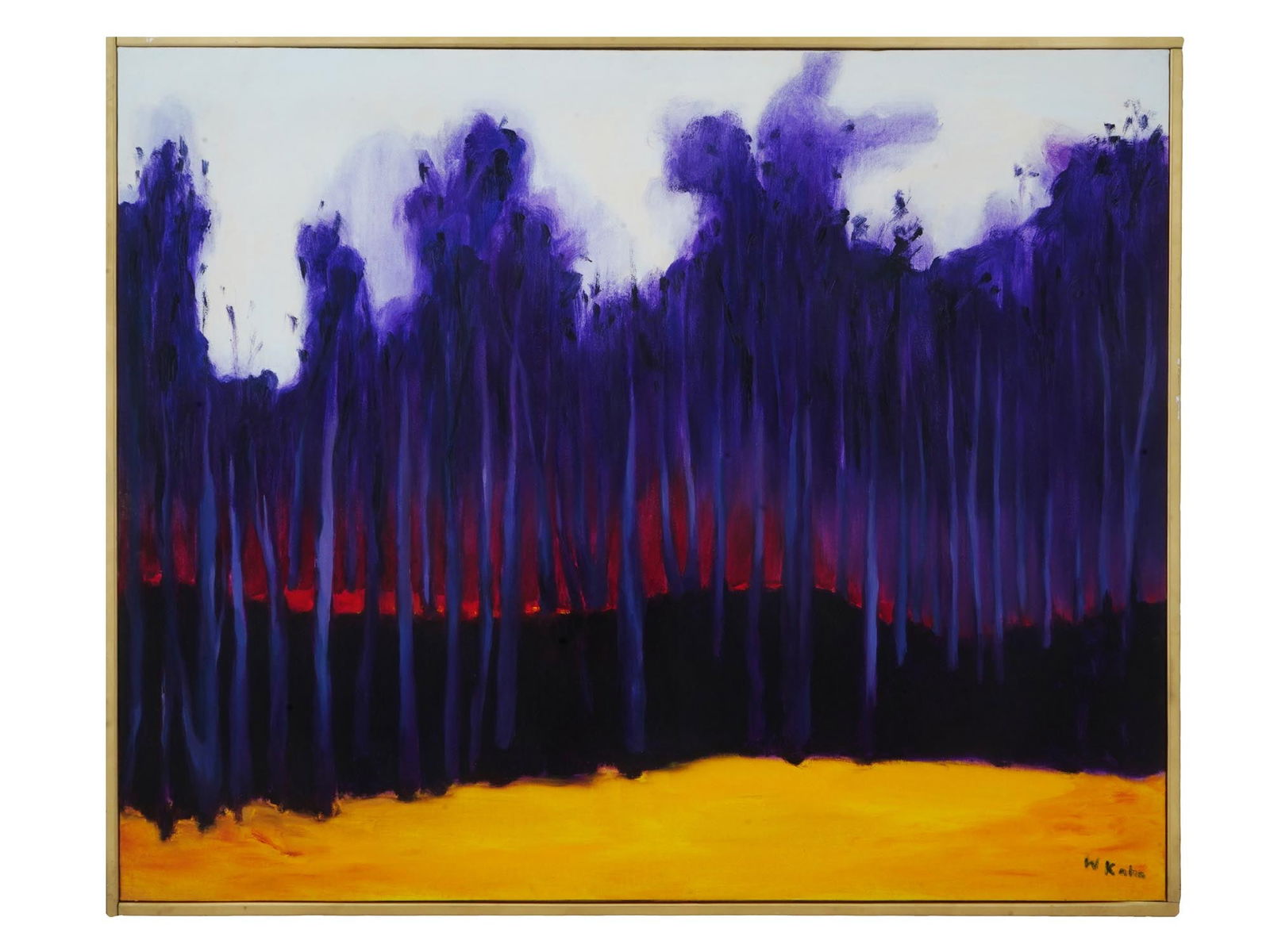 1990S AMERICAN LANDSCAPE OIL PAINTING BY WOLF KAHN: Oil on canvas painting by Wolf Kahn, 1927 to 2020, a German-born American painter, student of Hans Hofmann. In his work Kahn combined Realism and Color field painting, a fine example of which is this