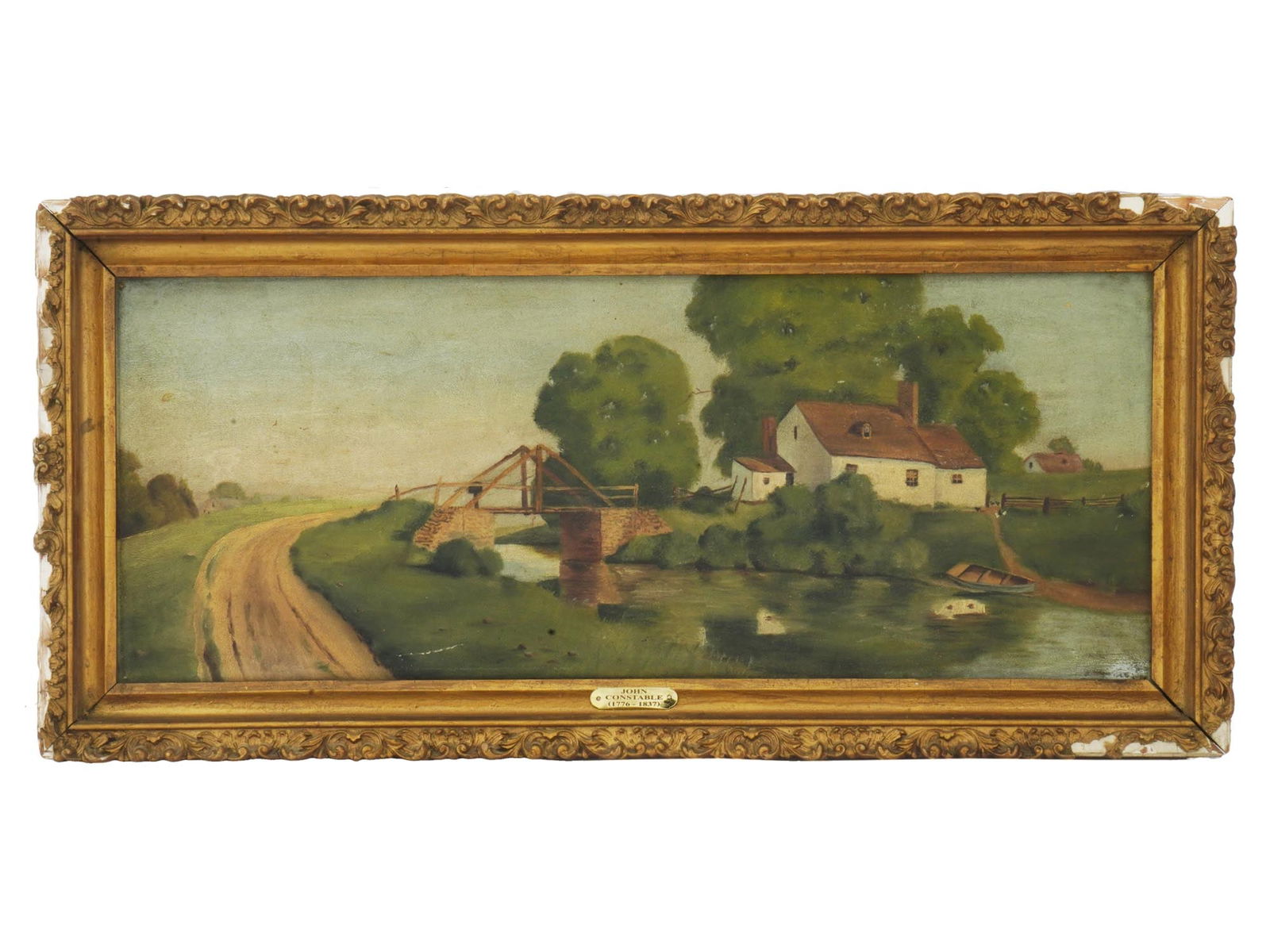 ENGLISH LANDSCAPE OIL PAINTING BY JOHN CONSTABLE: Oil on panel painting by John Constable, 1776 to 1873, an English academic artist known for revolutionizing the genre of landscape painting in the Romantic tradition. The artwork depicts a rural panor