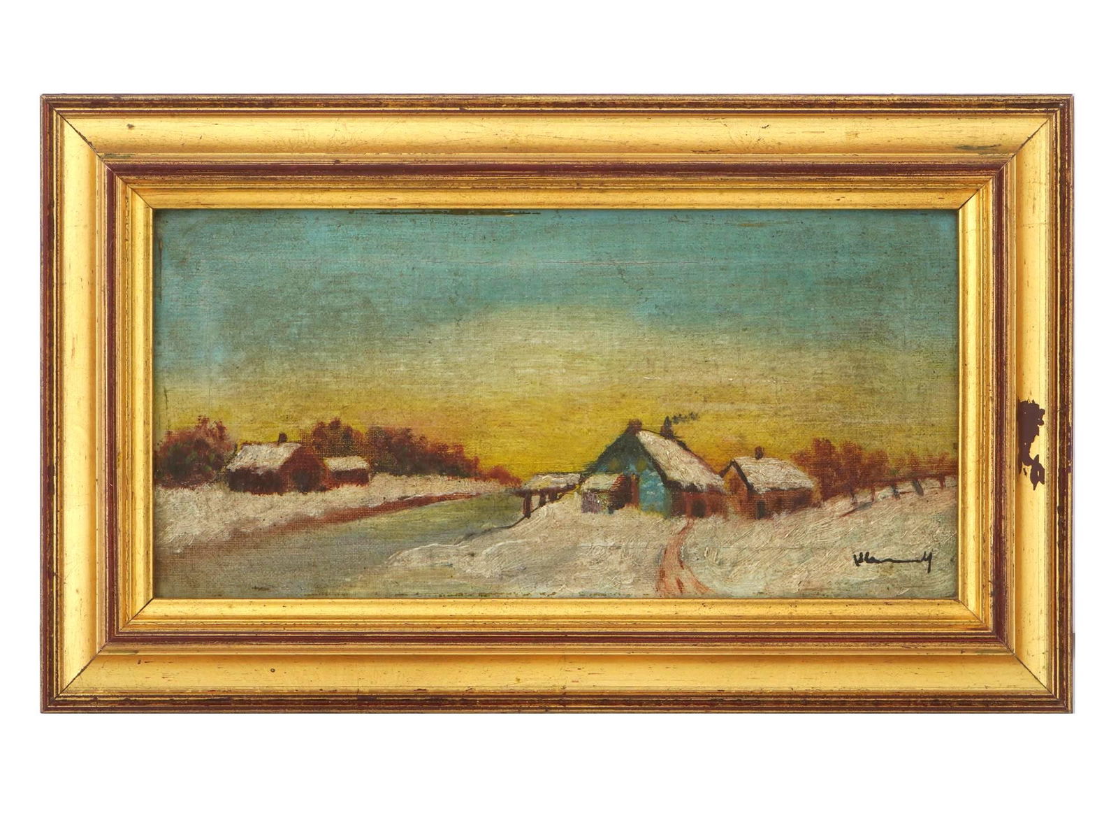 FRENCH LANDSCAPE PAINTING BY MAURICE DE VLAMINCK: Oil on canvas painting by Maurice de Vlaminck, 1876 to 1958, a French artist considered one of the principal figures of Fauvism alongside Andre Derain and Henri Matisse. The artwork depics a view of a