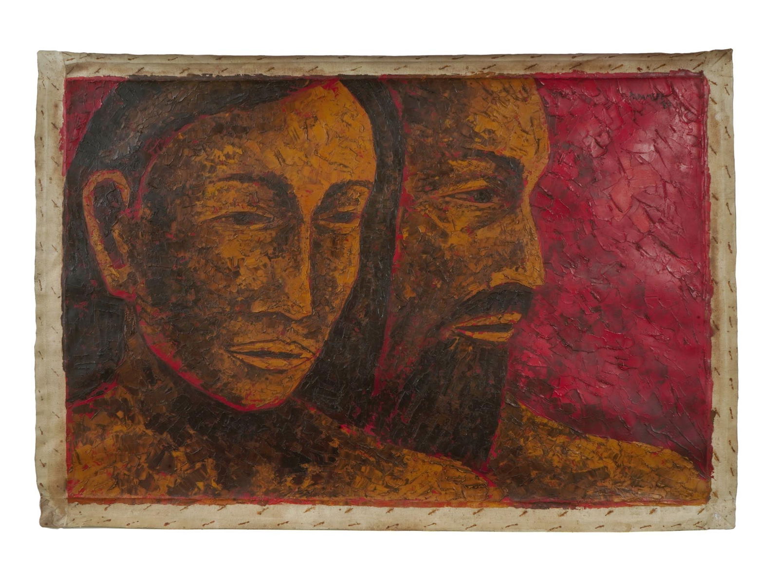 AKBAR PADAMSEE INDIAN OIL ON CANVAS PAINTING 1987: Akbar Padamsee, Indian, 1928 to 2020, oil on canvas painting depicting a Post Impressionist scene with a double portrait of a man and a woman on a deep crimson background, 1987. Signed and dated upper