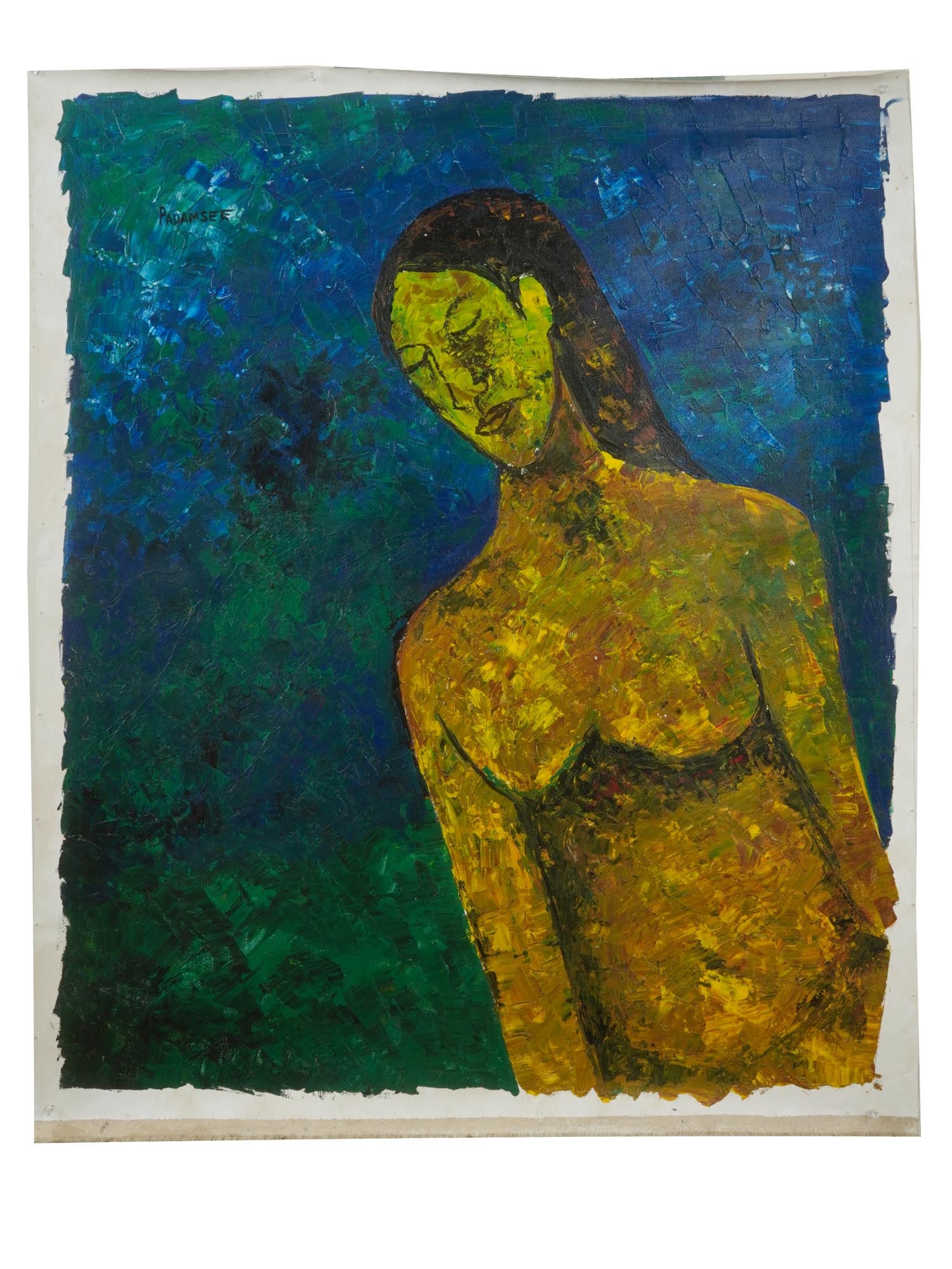 INDIAN FEMALE NUDE OIL PAINTING BY AKBAR PADAMSEE: Oil on canvas painting by Akbar Padamsee, 1928 to 2020, an Indian artist considered one of the pioneers in modern Indian painting along with S.H. Raza, F.N. Souza and M.F. Husain. The artwork depicts