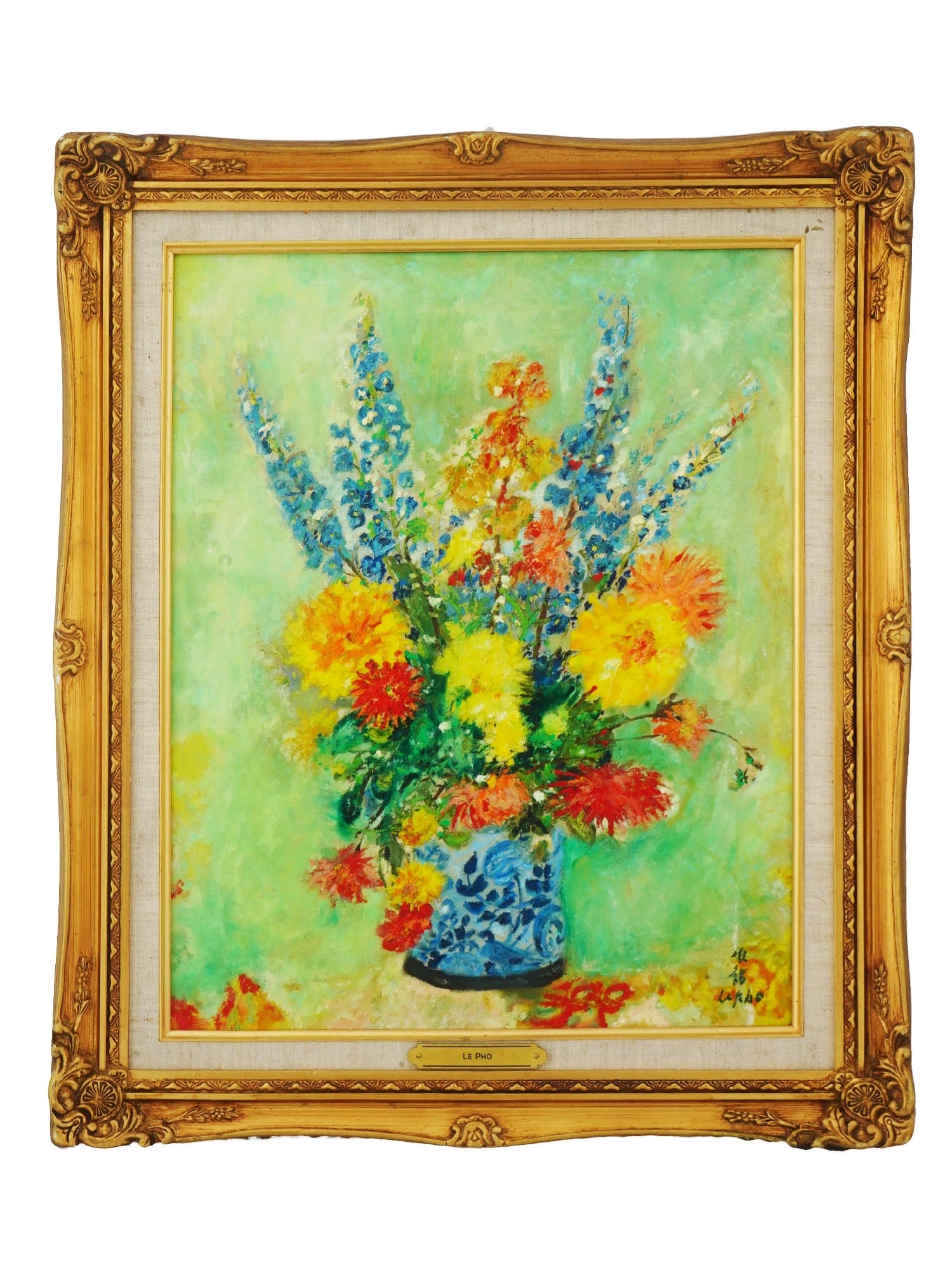 ATTR TO LE PHO VIETNAMESE STIIL LIFE OIL PAINTING: Attributed to Le Pho, Vietnamese, French, 1907 to 2001, oil painting on canvas depicting a still life with flowers. Signed with Hieroglyphs and in Latin, lower right. Circa: 1960s to 1970s. A gold ton