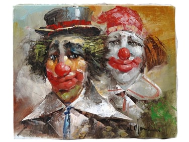 ATTR WILLIAM MONINET AMERICAN OIL PAINTING OF CLOWNS
