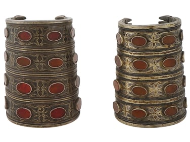 ANTIQUE TURKMEN SILVER CARNELIAN CUFF BRACELETS