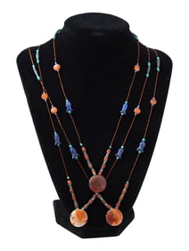 THREE VINTAGE LAPIS BEADED AGATE NECKLACES