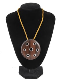 VINTAGE BOHO STERLING SILVER WOODEN DISC NECKLACE