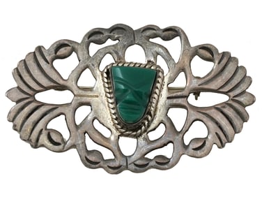 VINTAGE MEXICAN IGUALA SILVER ONYX FACE PIN BROOCH