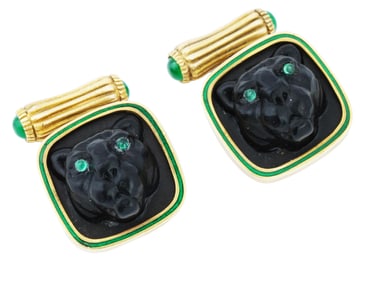 RUSSIAN GILT SILVER BLACK JADE JAGUAR EMERALD CUFFLINKS