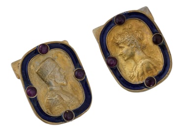 RUSSIAN GILT SILVER ENAMEL RUBY NICHOLAS II CUFFLINKS