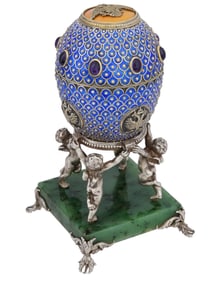 LARGE RUSSIAN SILVER ENAMEL AMETHYSTS JADE EGG