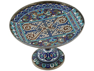 RUSSIAN SILVER CLOISONNE ENAMEL FOOTED CANDY BOWL