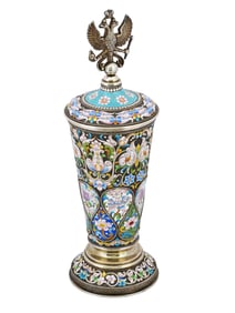 LARGE RUSSIAN SILVER CLOISONNE ENAMEL TROPHY CUP