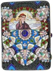 RUSSIAN SILVER ENAMEL CIGARETTE CASE W MINIATURE