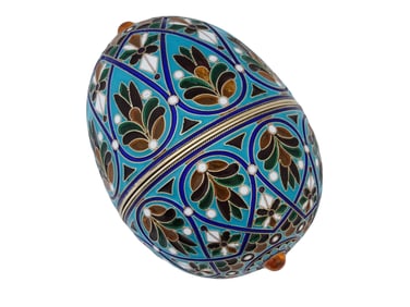 RUSSIAN SILVER GILT PLIQUE A JOUR ENAMEL EGG CASE
