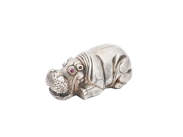 RUSSIAN SILVER HIPPO FIGURINE WITH RUBY STONE EYES