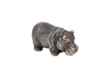 RUSSIAN SILVER HIPPO FIGURINE WITH RUBY STONE EYES