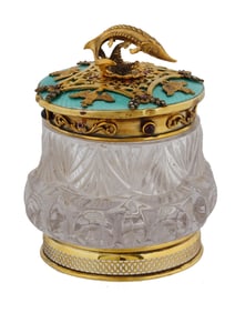 RUSSIAN GILT SILVER ENAMEL GLASS GEMS CAVIAR DISH