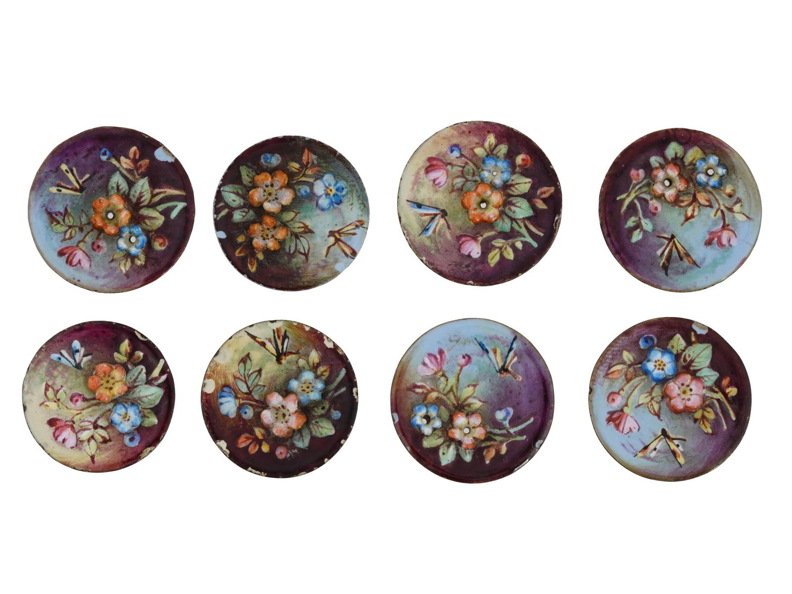 COLLECTION OF 8 ENAMEL MINIATURE PLAQUES W FLOWERS: A vintage collection of eight enamel miniature plaques with flowers. Circa mid 20th Century. The round plaques depict small bouquets of multi colored flowers on a blue and purple background. Four of t