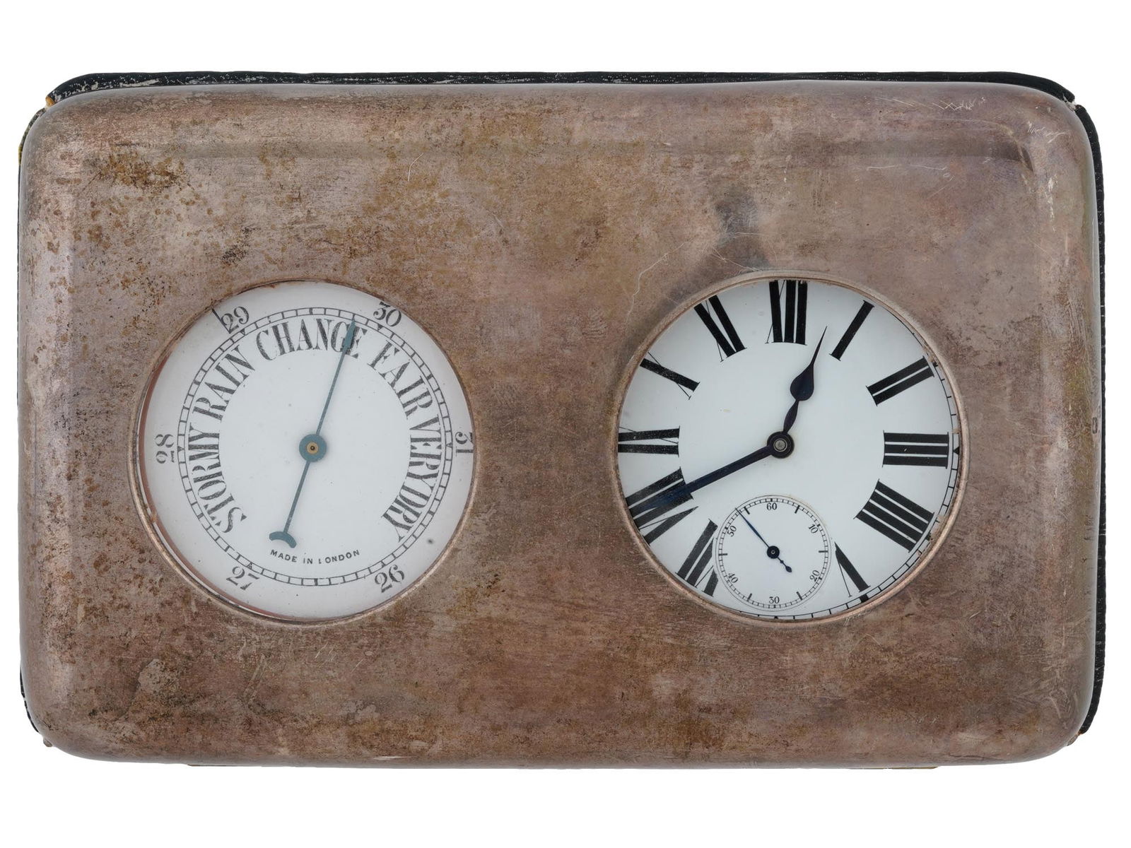 ANTIQUE ENGLISH SILVER CLOCK AND BAROMETER IN CASE (1 of 13)