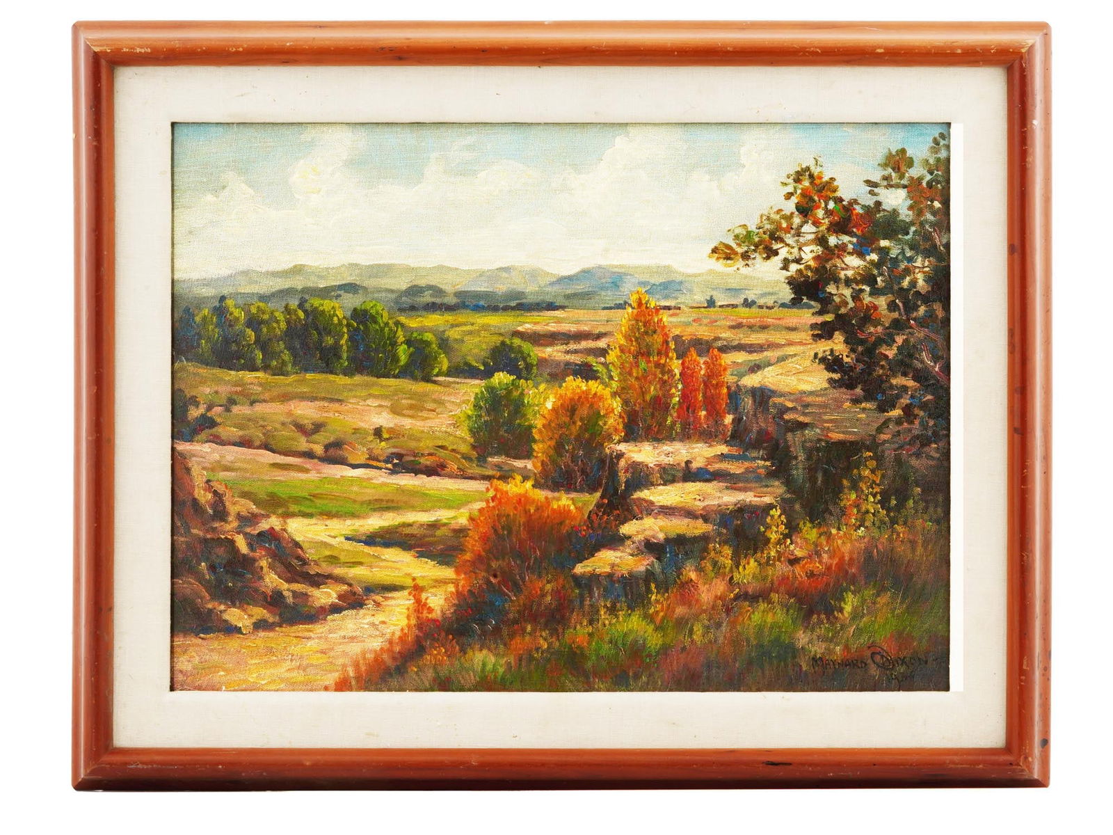 AMERICAN LANDSCAPE OIL PAINTING BY MAYNARD DIXON: Maynard Dixon, American, 1875 to 1946, oil painting on canvas depicting a mountain forest landscape, 1936. Signed and dated, lower right. Framed. Maynard Dixon is known for Western landscape painting