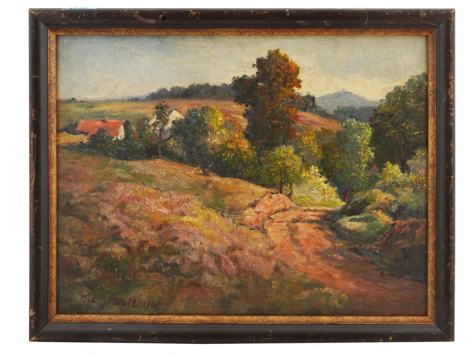 THEODORE CLEMENT STEEL ANTIQUE LANDSCAPE OIL PAINTING: Theodore Clement Steele, American, 1847 to 1926, oil painting on canvas mounted on board depicting a rural landscape, 1910. Signed and dated, lower left. Framed. Theodore Clement Steele was an America