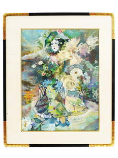 ATTR TO ALBERT BENOIS FLORAL PORTRAIT OIL PAINTING: Attributed to Alexandre Benois, Russian, French, 1870 to 1960, an oil painting on canvas, depicting a portrait of a female character featuring blossoming flowers. Signed lower right. Framed. Alexander