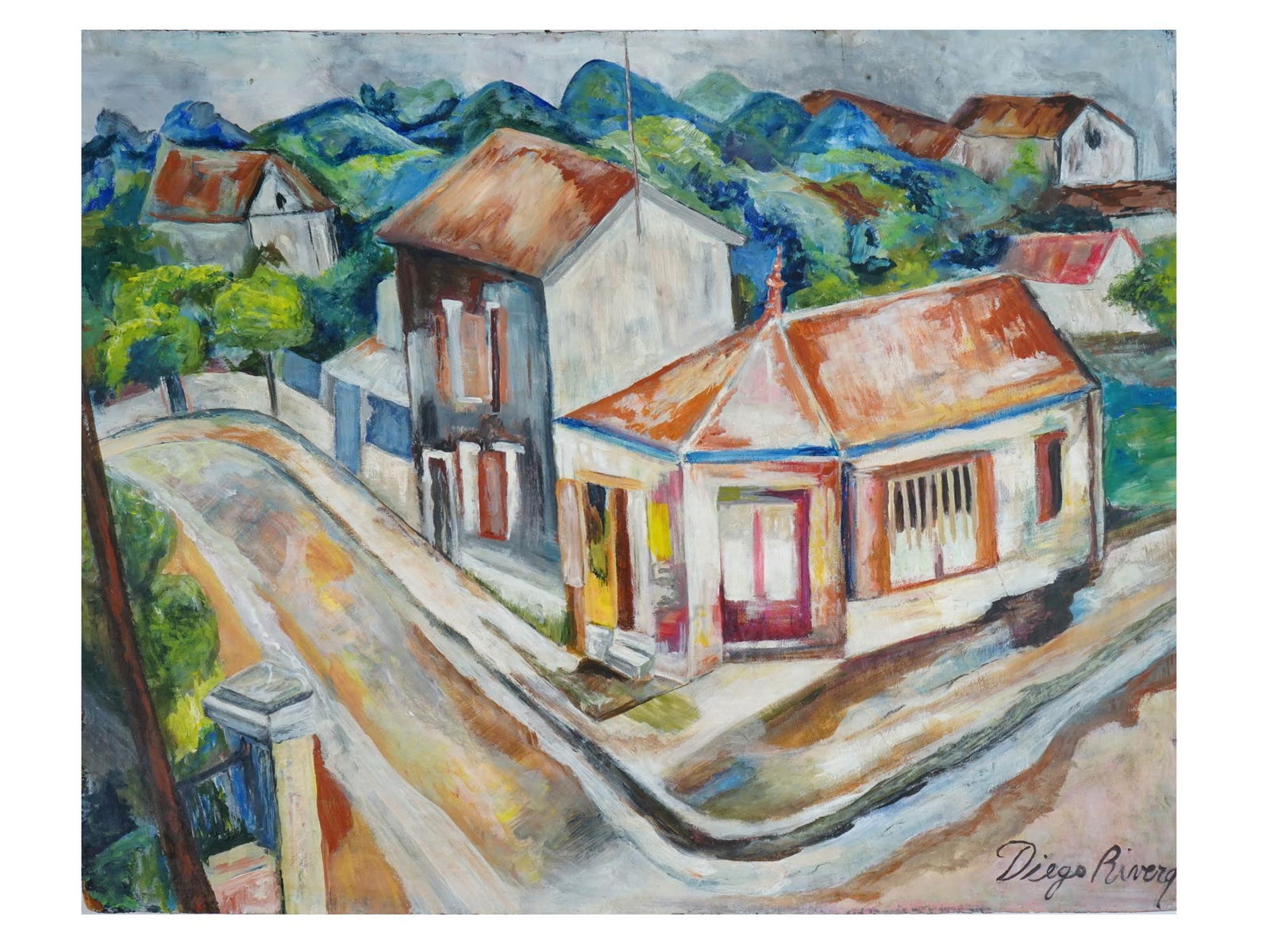TOWNSCAPE OIL PAINTING IN THE MANNER OF DIEGO RIVIERA: An oil painting on masonite board depicting a townscape view in a mountain landscape in the manner of Diego Rivera, Mexican, 1886 to 1957. Inscribed, Diego Rivera, lower right. Diego Rivera was a prom