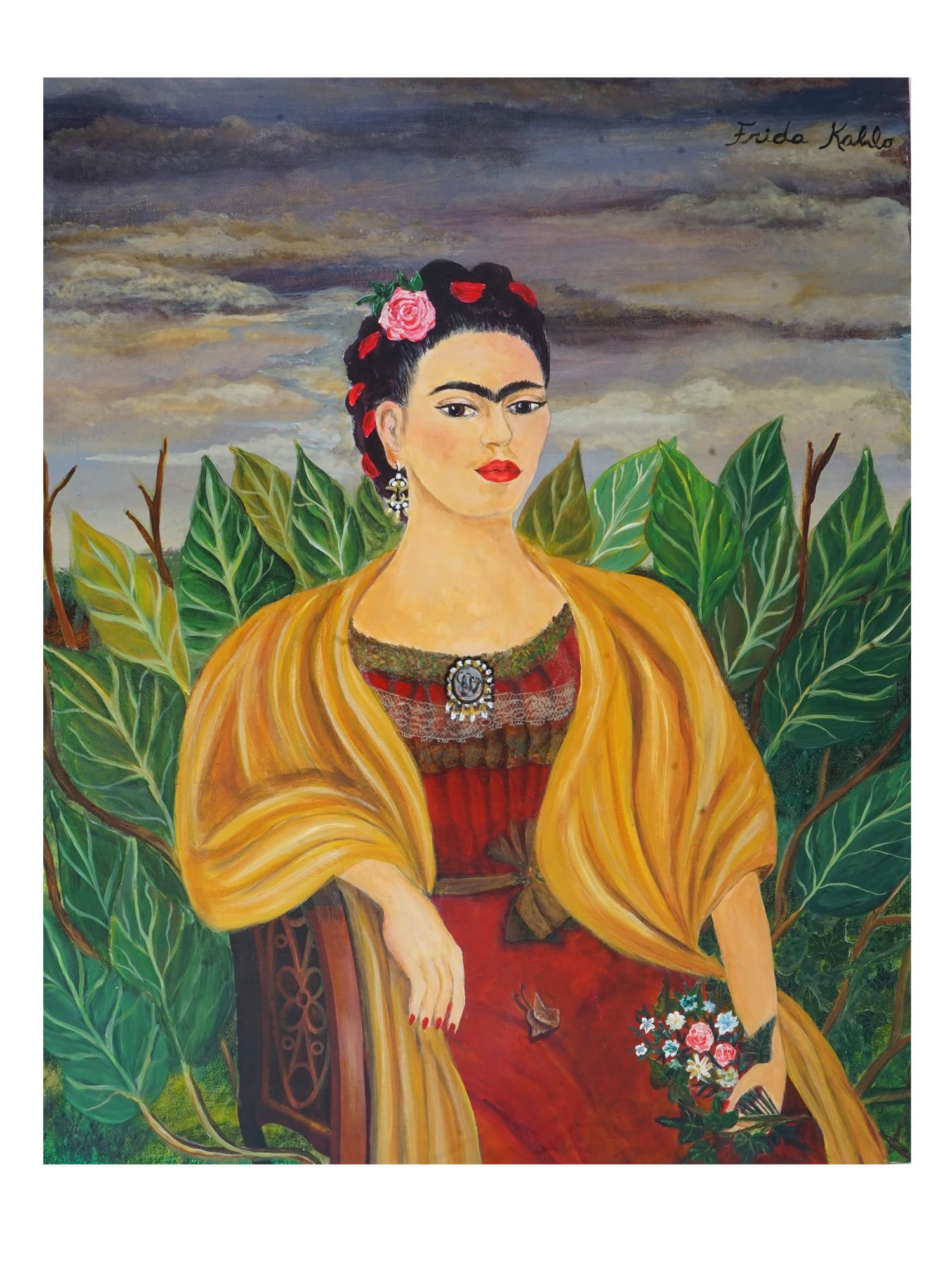 PORTRAIT OIL PAINTING IN THE MANNER OF FRIDA KAHLO: An oil painting on masonite board depicting a portrait of Frida Kahlo in the manner of Frida Kahlo, American, Mexican, 1907 to 1954. Inscribed, Frida Kahlo, upper right. Magdalena Carmen Frida Kahlo y