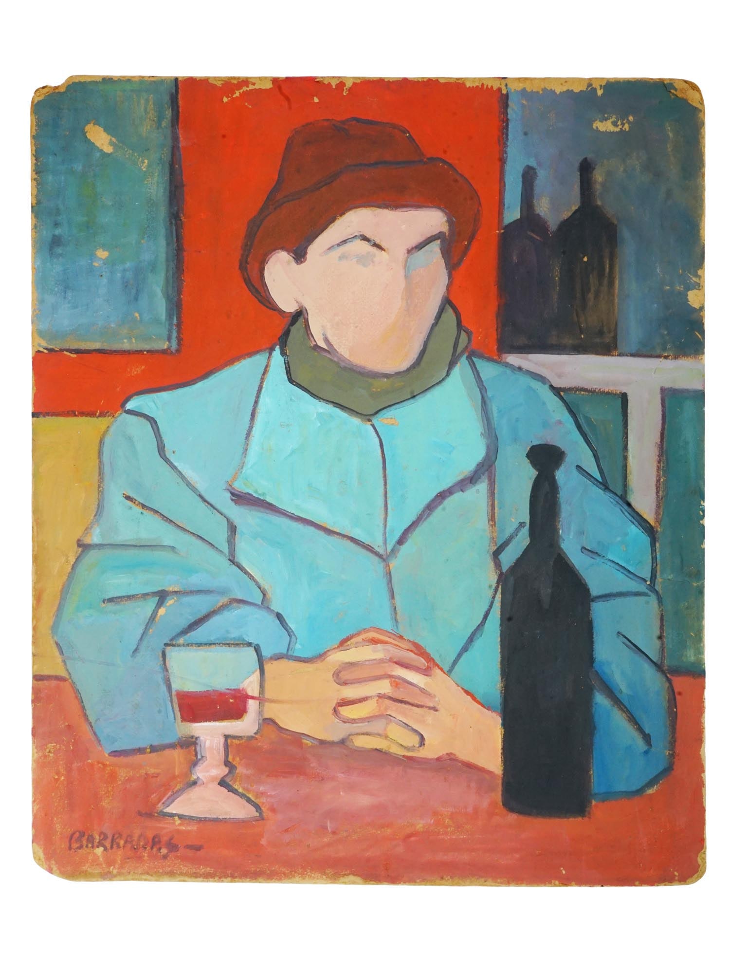 ATTRIBUTED TO RAFAEL BARRADAS PORTRAIT OIL PAINTING: Attributed to Rafael Perez Barradas, Latin American, Uruguayan, 1890 to 1929, oil painting on board depicting a portrait of a man with a wine glass. Signed lower left. Rafael Perez Gimenez Barradas wa