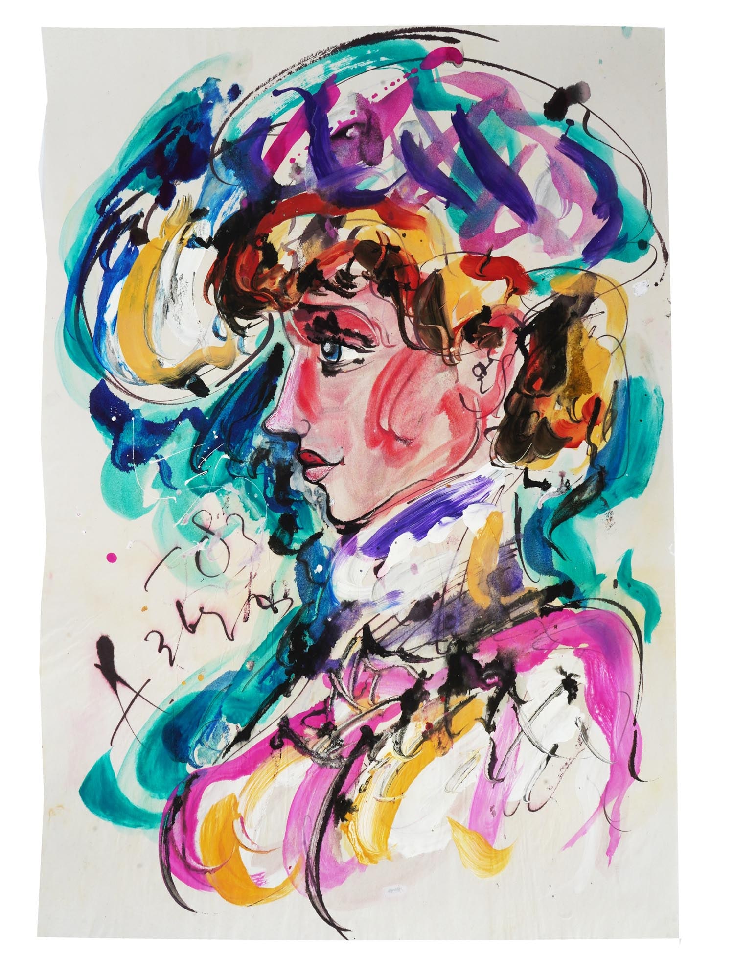 ATTR TO ANATOLY ZVEREV RUSSIAN MIXED MEDIA PAINTING: Attributed to Anatoly Timofeivich Zverev, Russian, Soviet era, 1931 to 1986, mixed media painting on paper depicting a portrait of a woman, probably from the series, Faces of Women, 1983. Signed and d