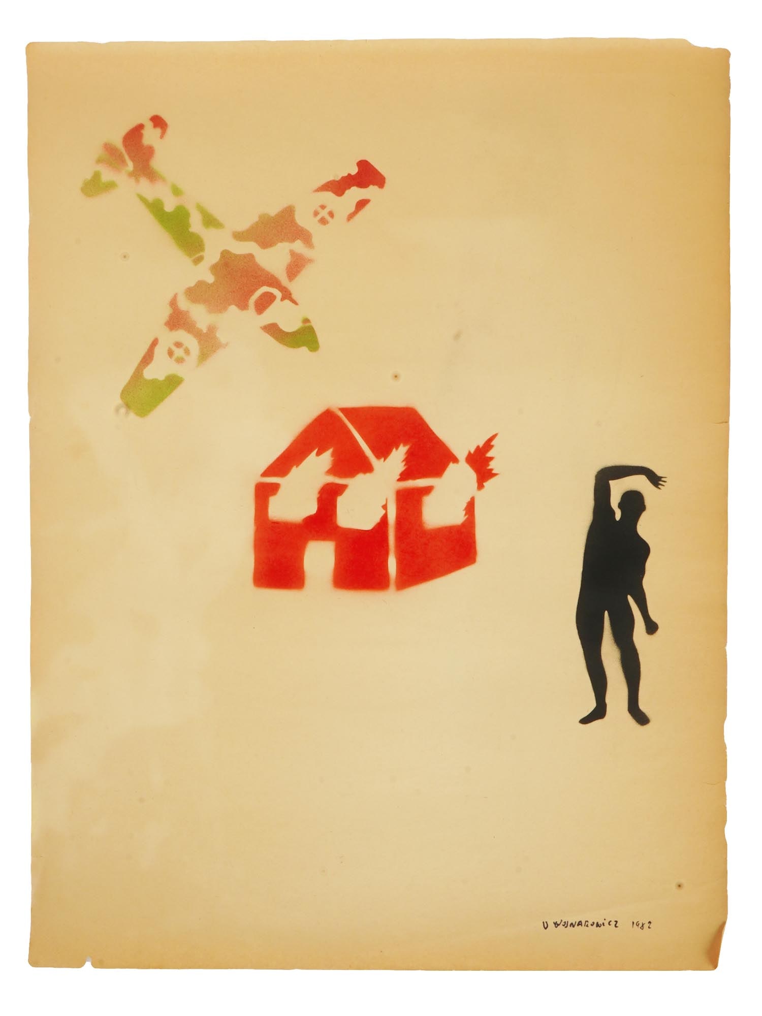ATTR DAVID WOJNAROWICZ AMERICAN STENCIL SPRAY PAINTING: Attributed to David Wojnarowicz, American, 1954 to 1992, stencil and spray painting on paper, depicting a composition with a house, a military plane, and a human figure, 1982. Signed and dated, lower