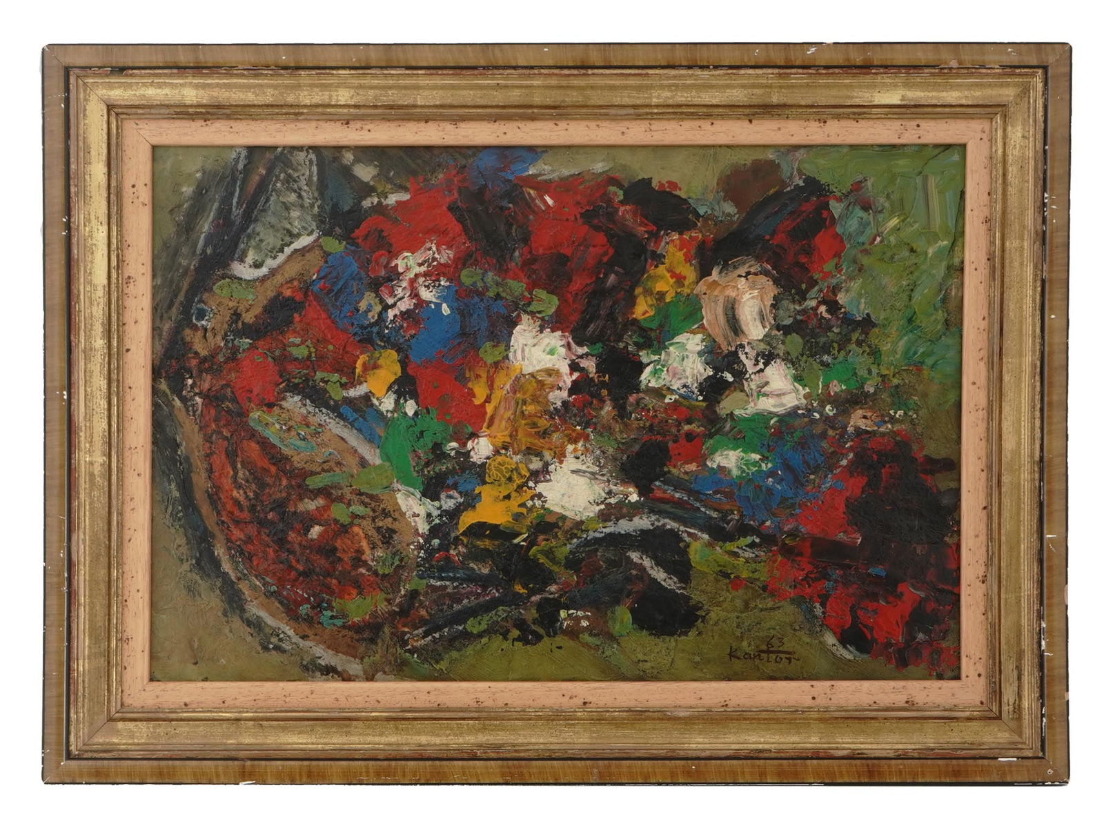 1963 ABSTRACT POLISH OIL PAINTING BY TADEUS KANTOR: Tadeus Kantor, Polish, 1915 to 1990, oil painting on canvas depicting an abstract composition, 1963. Signed and dated, lower right. Framed. Tadeusz Kantor was a Polish painter, assemblage, and Happeni